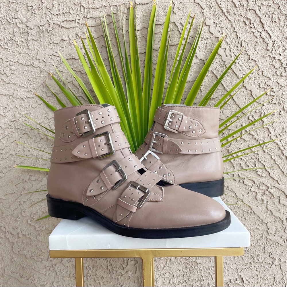 TOPSHOP NWOT Taupe Gray Tan Studded Buckle Amelia Paige Combat Boots Booties 40 - Picture 6 of 11